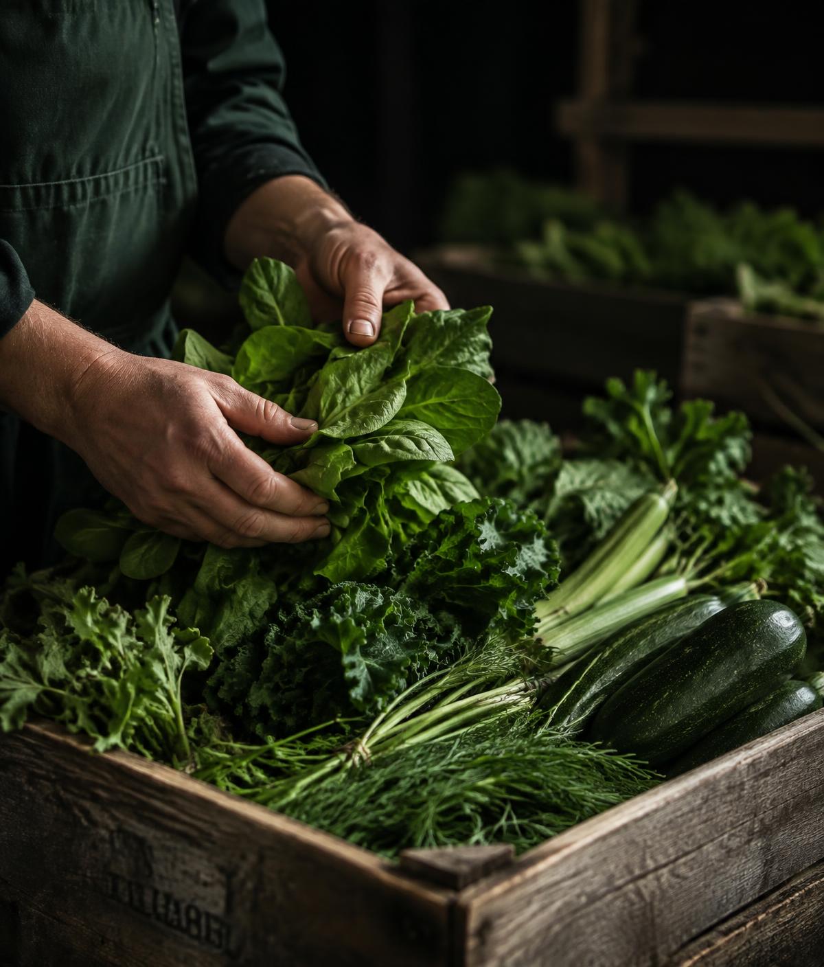 Fresh leafy greens and vegetables being sorted into a crate at a produce facility
