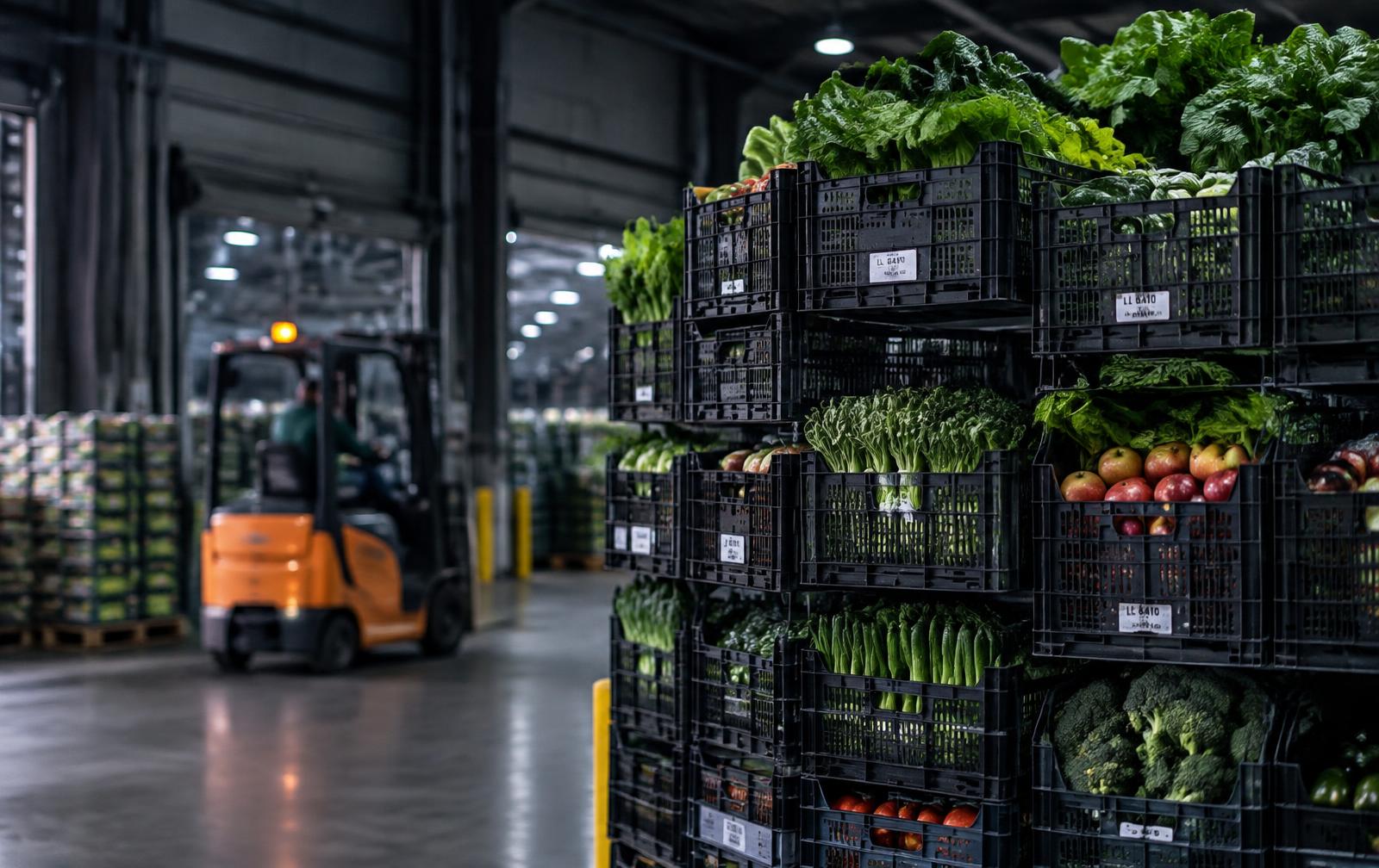 Stacked crates of fresh vegetables and fruit prepared for commercial distribution in a warehouse